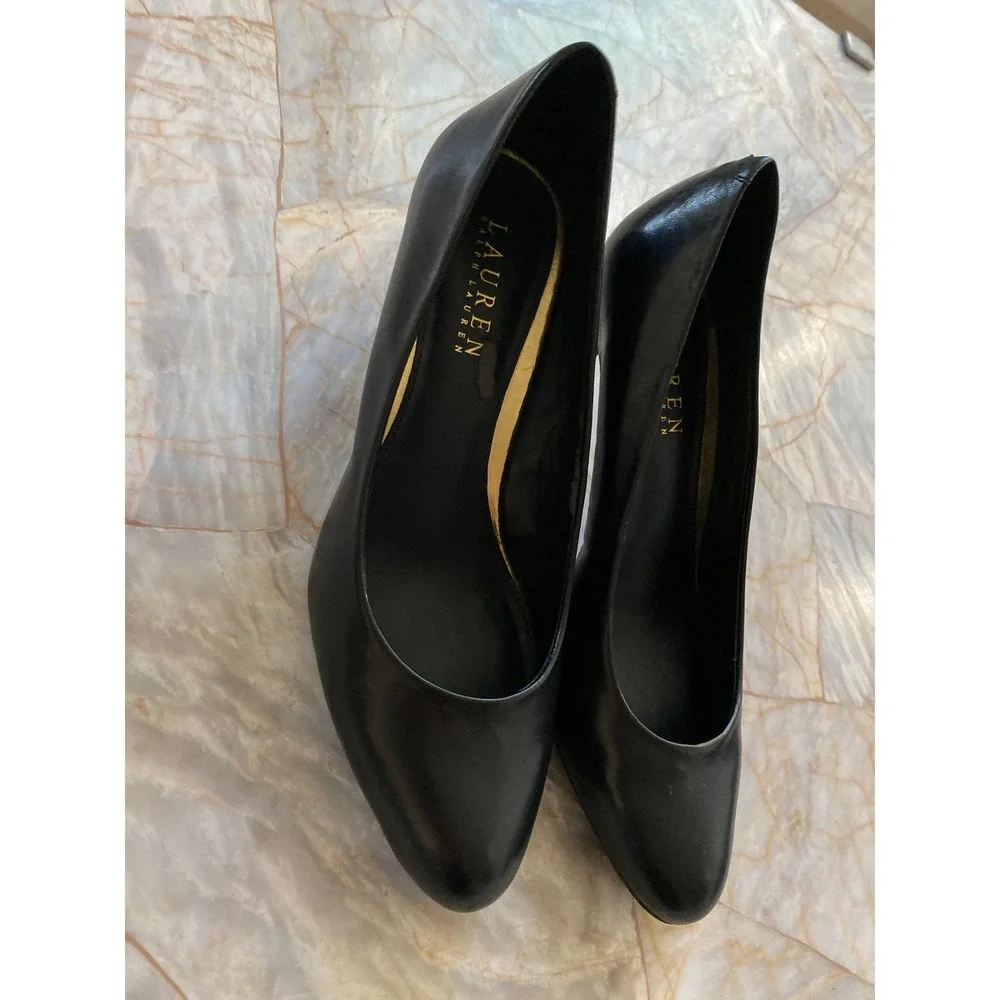 Lauren Ralph Lauren Harper Black Leather Round Toe Stiletto Pumps 7B 11739 E 14